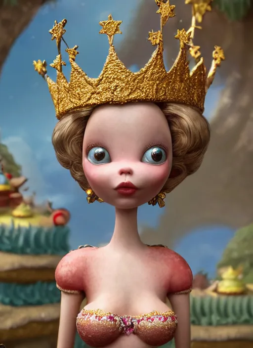 Prompt: highly detailed closeup, face profile portrait of a tin toy fairytale princess wearing a crown eating cakes, bikini, unreal engine, by nicoletta ceccoli, mark ryden, lostfish, dan decarlo, bob clampett, max fleischer, global illumination, detailed and intricate environment
