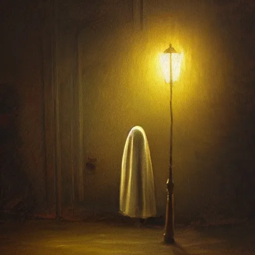 Prompt: ominous bedsheet ghost standing in front of a cars headlights late at night, oil painting, brush strokes, highly ornate intricate detail, gloomy mood,
