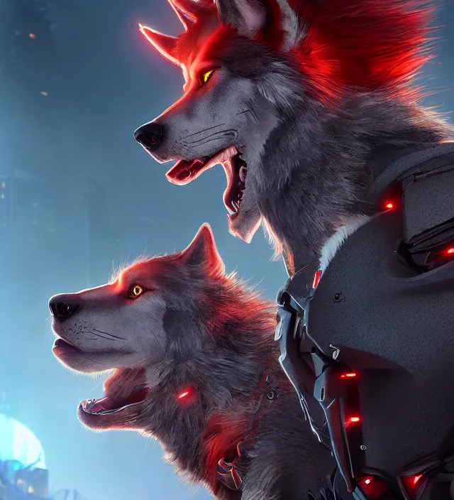 Prompt: portrait of a anthropomorphic dark gray wolf with red hair in a futuristic city, hyper detailed, digital art, trending in artstation, cinematic lighting, studio quality, smooth render, unreal engine 5 rendered, octane rendered, art style by pixar dreamworks warner bros disney riot games and overwatch.