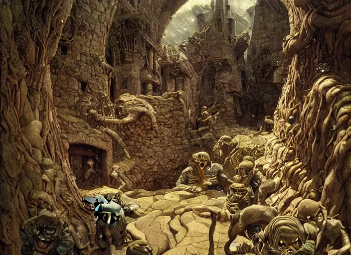 Prompt: jim henson's labyrinth. stone walls. a wrecking crew of five goblins. by edgar maxence and caravaggio and michael whelan and delacroix style, artistic, intricate painting, cinematic lighting, hyper realistic, extremely detailed, vivid colors, establishing shot, dramatic lighting