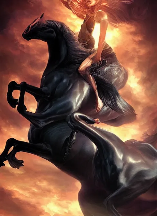 Image similar to the first horseman of the apocalypse riding a strong big black stallion, horse is running, the rider is carrying the scales of justice, beautiful artwork by artgerm and rutkowski, breathtaking, beautifully lit, dramatic, full view