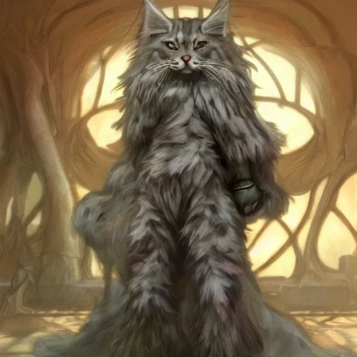 Image similar to stone maine coon, anthropomorphic large maine coon, dnd bipedal golem character, golem coon, aware. stone cat. dnd character concept, dnd digital painting, dnd artstation, dnd concept art, smooth, super sharp focus, illustration, art by artgerm and h r giger and alphonse mucha