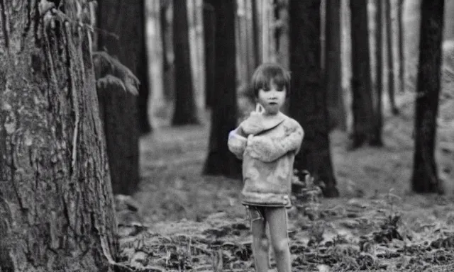 Image similar to kid looking at camera in forest at night, far away from camera, 70s photo, out of focus, motion blur, cctv footage, horror movie, horror lighting, blair witch project, old photo