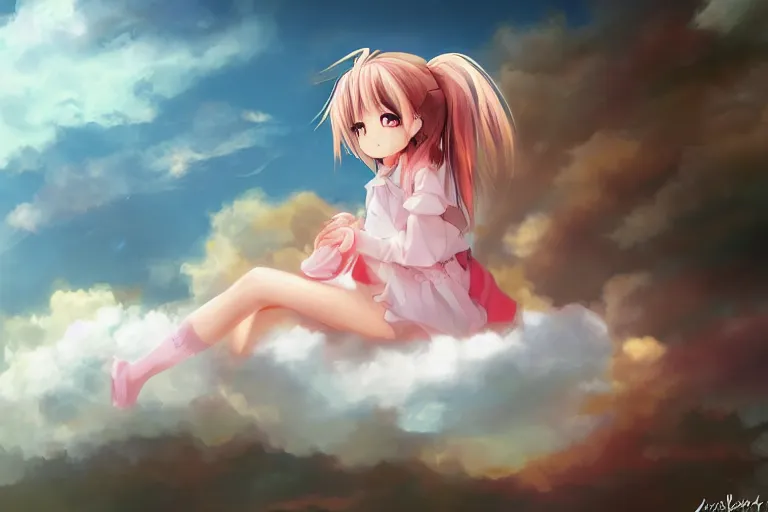 Image similar to a cute anime girl sitting on a cloud, digital painting, anime, portrait