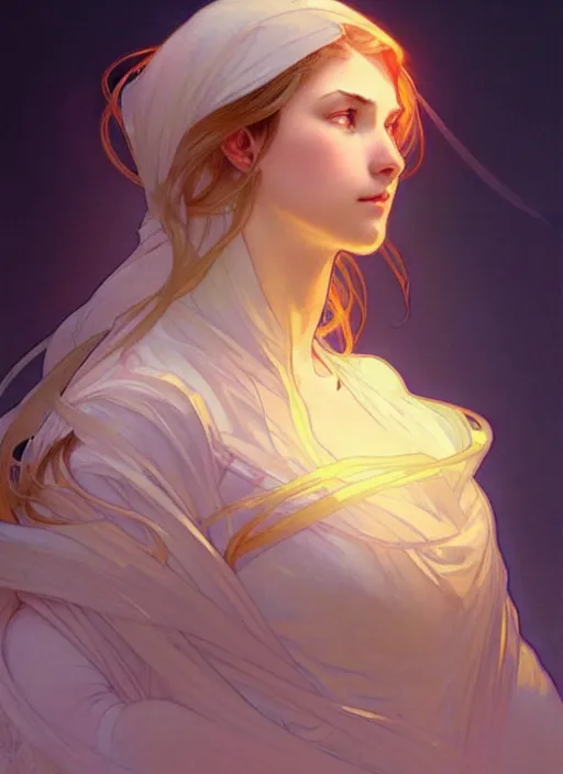 Image similar to digital character concept art by artgerm and greg rutkowski and alphonse mucha. clear portrait of a young wife blessed by god to uncontrollably become overwhelmingly perfect!! blonde, clothed! obviously feminine holy body!! light effect. hyper detailed, glowing lights!! intricate, elegant, digital painting, artstation, smooth, sharp focus