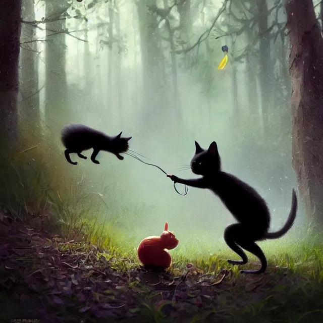 Image similar to a beautiful painting of a cute black kitten catching a mouse in a forest. disney character design by cory loftis, fenghua zhong, ryohei hase, ismail inceoglu and ruan jia. artstation, volumetric light, detailed, photorealistic, rendered in octane