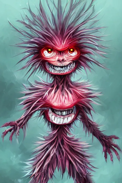 Prompt: a humanoid figure dandelion raspberry monster, large eyes and menacing smile, highly detailed, digital art, sharp focus, trending on art station, anime art style