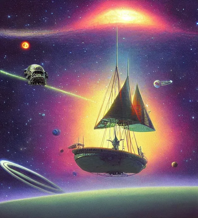 Prompt: the recurring thought of inevitable death sailing inside a galactic brain, in the style of Tim white