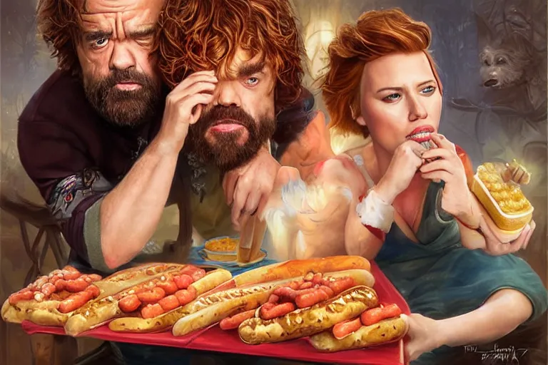 Image similar to portrait of peter dinklage sharing hotdogs with scarlett johansson, an oil painting by ross tran and thomas kincade