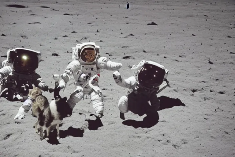 Image similar to 2 astronauts having a vacation in the moon with cats and dogs