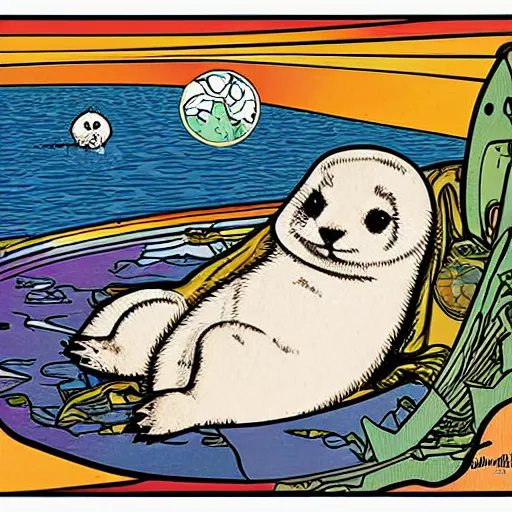 Image similar to baby harp seal illustration, pop art, splash painting, art by geof darrow, ashley wood, alphonse mucha