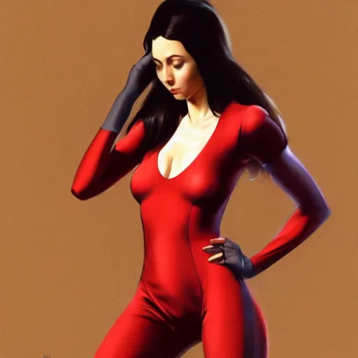 Prompt: a female wearing a skintight red mechanics jumpsuit, intricate, elegant, highly detailed, digital painting, artstation, concept art, smooth, sharp focus, illustration, art by artgerm and greg rutkowski and alphonse mucha, 8 k