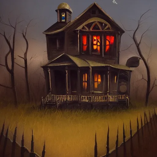 Prompt: A painting of a haunted house with Halloween decorations, Trending on artstation.