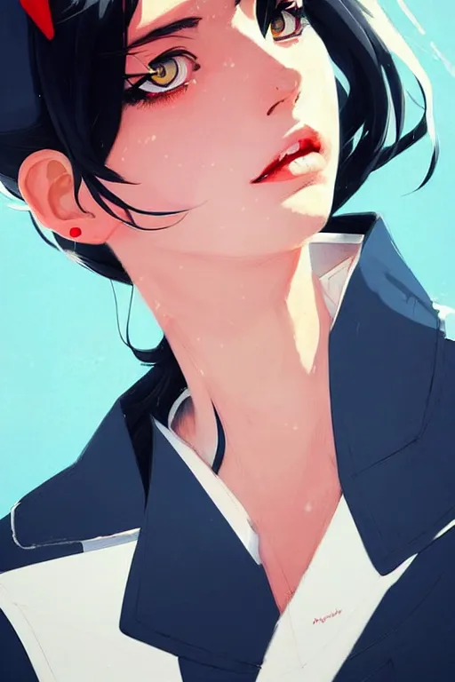 Image similar to a ultradetailed beautiful panting of a stylish woman wearing a sailor uniform, she has black hair, by conrad roset, greg rutkowski and makoto shinkai, trending on artstation