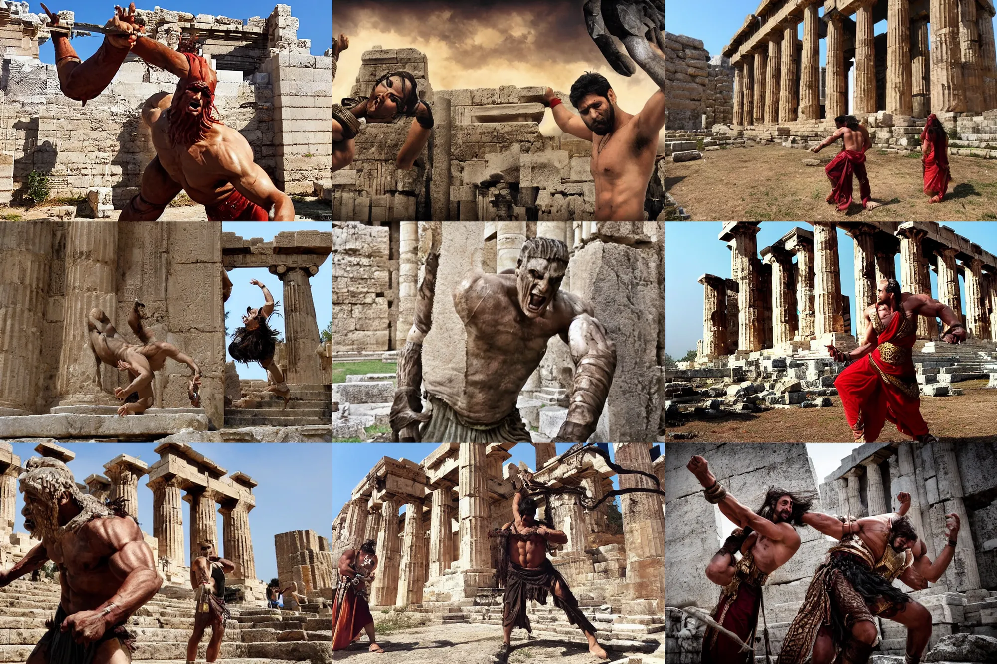 Prompt: large, brutal monster defeated. outside of ancient greek temple. bollywood fantasy action movie still.