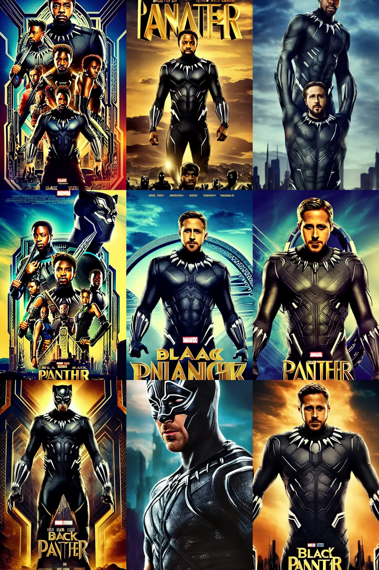 Prompt: poster of Ryan Gosling as Black Panther, movie awards, heroic pose photo, dramatic lighting