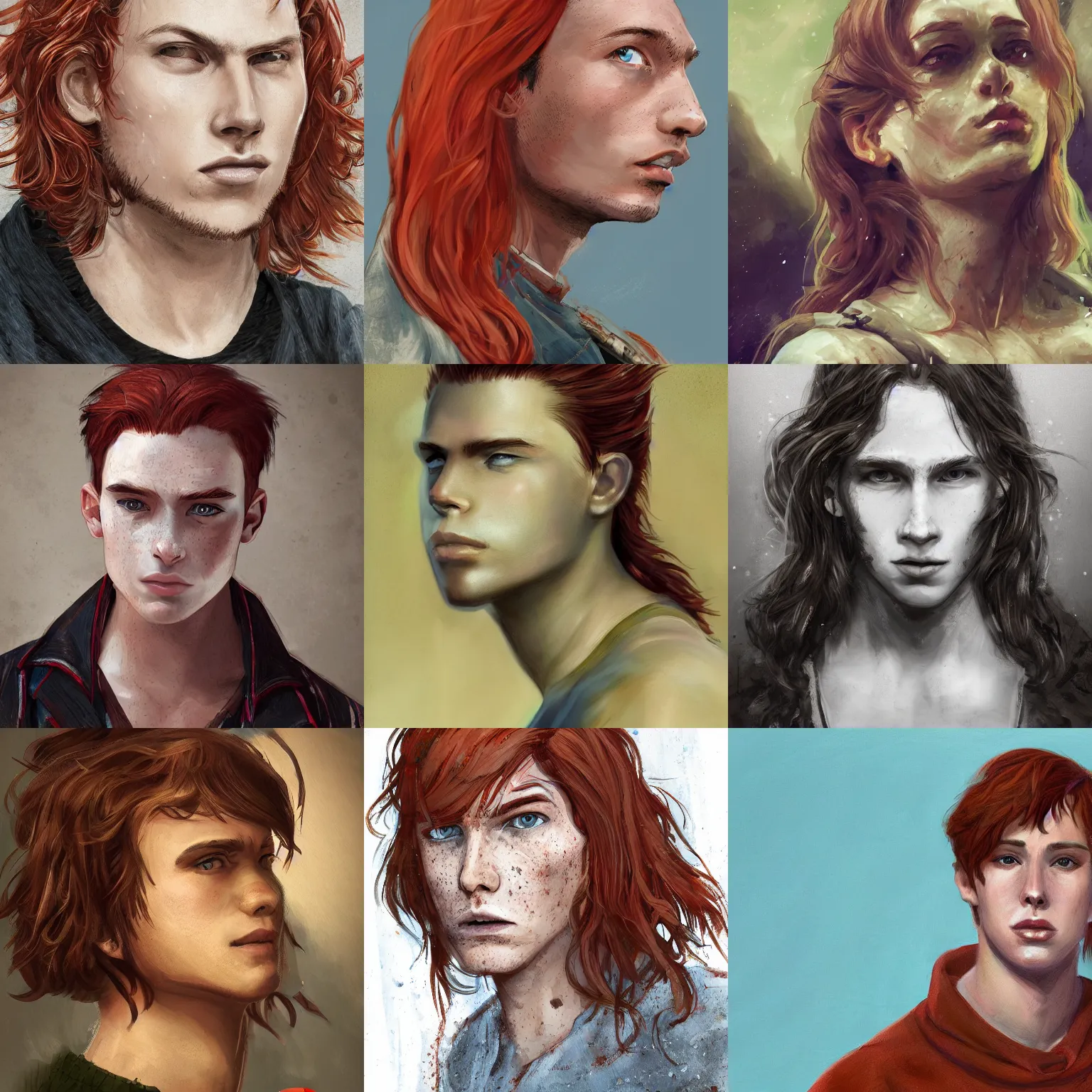 Prompt: portrait of a teen boy with long red hair and freckles and a stockier build, intricate, elegant, highly detailed, digital painting, artstation, concept art, sharp focus, illustration