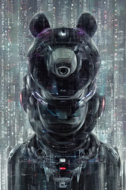 Image similar to Ghost in the shell 2017, cybernetic android asian black bear, half robot half bear, future tech, mask opening, cyber punk, hyperrealist highly intricate, trending on art station, Nick Keller, 8K