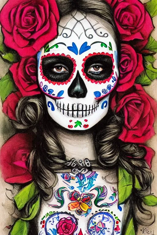 Prompt: Illustration of a sugar skull day of the dead girl, art by Kenne Gregoire