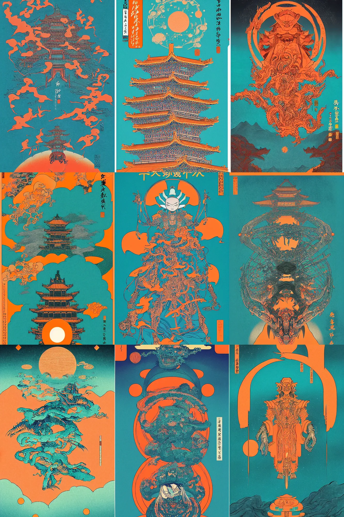 Prompt: science fiction magazine cover titled “ a dreamland of chinese ukiyo - e ” + geometry and astrology, a decaying japanese temple, stunning atmosphere, nanotech demonic monster horror, gradient of teal and orange, illustrated by kentaro miura, game, movie concept art, full color manga cover, symmetrical, simple color palett