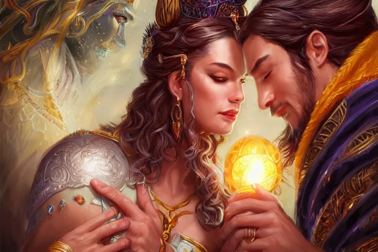 Image similar to close up moment of a divine a sun god and a moon goddess lovers magician at a wedding banquet, highly detailed, d & d, fantasy, highly detailed, digital painting, trending on artstation, concept art, sharp focus, illustration, art by artgerm and daniel gerhartz and magali villeneuve