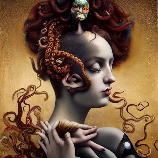 Prompt: dynamic composition, a painting of a man with hair of octopus tentacles and sea weed wearing ornate earrings, a surrealist painting by tom bagshaw and jacek yerga and tamara de lempicka and jesse king, featured on cgsociety, pop surrealism, surrealist, dramatic lighting, magick, pre - raphaelite, ornate gilded details