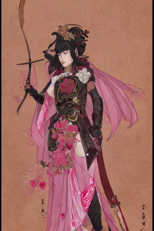 Prompt: full - bodied portrait, female changeling in rose - patterned eastern light armor, wielding a decorated halberd, wearing sandals, geisha mask, realistic proportions, reasonable fantasy, ghostblade, wlop.