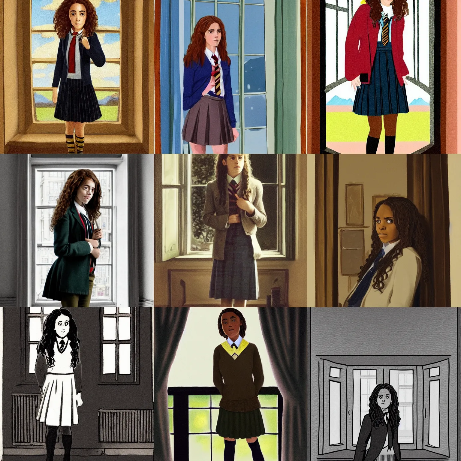 Prompt: hermione granger wearing school uniform standing in a room next to a window, a picture by james baynes, tumblr, naive art, full body, stylish, photo