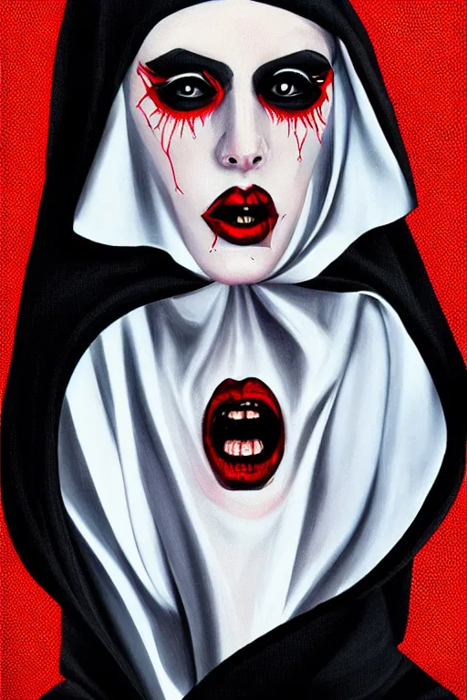 Prompt: portrait, digital painting, an evil nun, black habit, realistic, hyperdetailed, spooky, chiaroscuro, red rim lighting, black background, concept art, art by roy lichtenstein