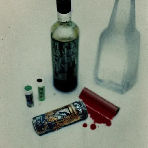 Image similar to blood flows from a bottle of vodka, next to a pack of cigarettes, photo in color