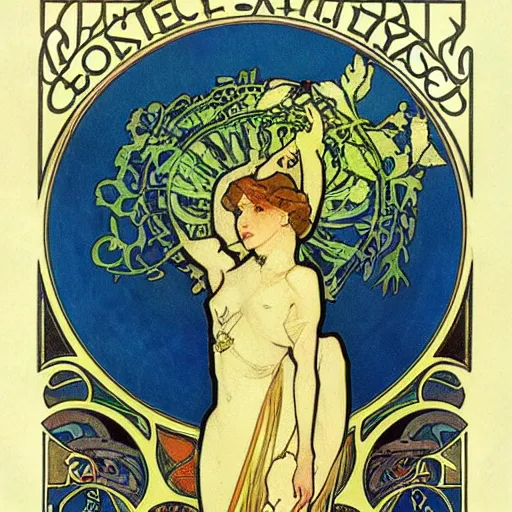 Image similar to Sticker of a ecosystem in a bottle , elegant art nouveau style, Alphonse Mucha, james gurney