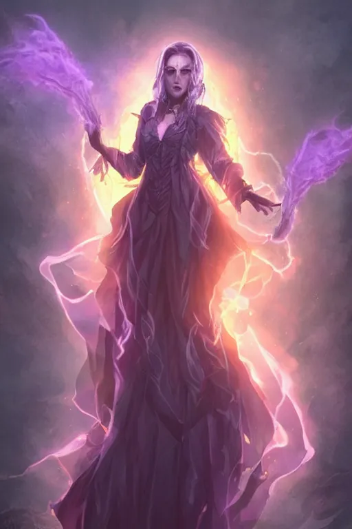 Image similar to a standing witch from D&D called Victoria conjuring a spell surrounded by violet rays and overlays, dark fantasy illustration, realistic, soft lighting, art by Artgerm and Peter tang,