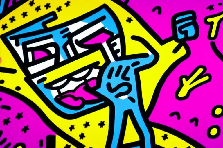 Image similar to pop art of someone taking a selfie smiling during the apocalypse, bright neon colors, intricate details, complementary colors, detailed face, backlighting, octane render, depth of field, extremely detailed, trending in artstation, focus on face, sharp focus, radiant light, beautiful composition, drawn by roy lichtenstein, keith haring, romero britto