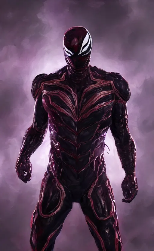 Image similar to venom in a venom inspired ironman suit, purple, black and red, dynamic lighting, photorealistic fantasy concept art, trending on art station, stunning visuals, terrifying, creative, cinematic