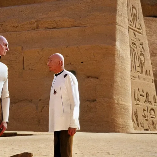 Prompt: captain jean - luc picard having a conversation with professor x charles xaiver in ancient egypt wide angle shot