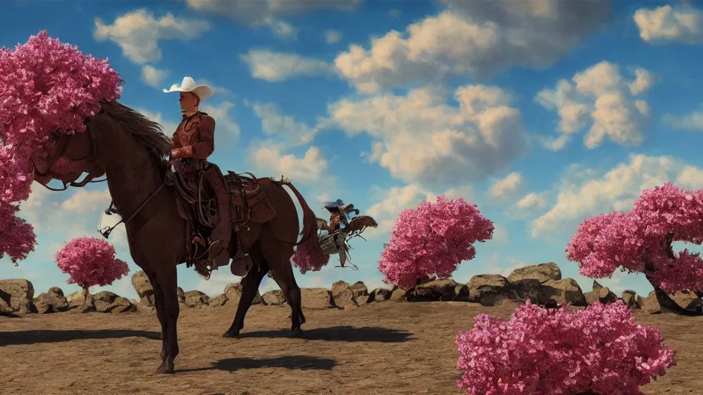 Prompt: cowboy dream, sakura bloomimg, by rene magritte and katsuya terada, rococo, trending on artstation, cinematic lighting, hyper realism, octane render, 8 k, hyper detailed.