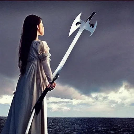 Prompt: On the broad and calm lake stood a beautiful girl in white. She pointed at the sky with a long sword. The sky was covered with dark clouds, and several huge lightning fell on the long sword