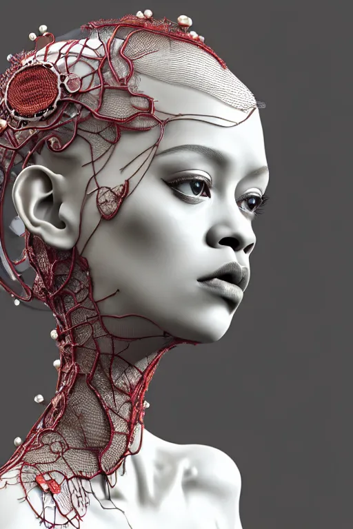 Prompt: complex 3d render ultra detailed of a beautiful porcelain profile Rihanna face, biomechanical cyborg, analog, 150 mm lens, beautiful natural soft rim light, big leaves and stems, roots, fine foliage lace, silver red white details, massai warrior, Alexander Mcqueen high fashion haute couture, pearl earring, art nouveau fashion embroidered, steampunk, intricate details, mesh wire, mandelbrot fractal, anatomical, facial muscles, cable wires, microchip, elegant, hyper realistic, ultra detailed, octane render, H.R. Giger style, volumetric lighting, 8k post-production
