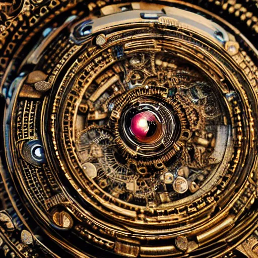 Prompt: a macro photo of a mechanical eye, close - up, large intricate iris with gears inside, intricate details, intricate gears and lenses, intricately detailed engravings, intricately detailed markings, intricate textures, warm lighting, vivid colors, realistic octane render, hyper realistic render, volumetric shading, depth of field, raytracing, 8 k,