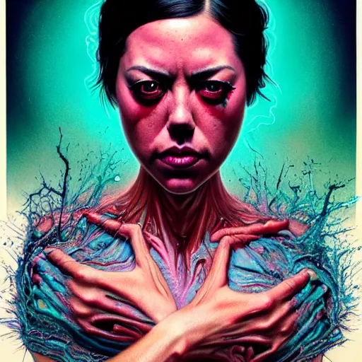 Image similar to a dream portrait of aubrey plaza dancing, beautiful, terrifying, melting, webbing, 8 k, by tristan eaton, stanley artgerm, tom bagshaw, greg rutkowski, carne griffiths, ayami kojima, beksinski, giger, trending on deviantart, face enhance, hyper detailed, minimalist, horror, full colour