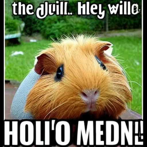 Prompt: a meme image of a guinea pig with text saying hello i'm a guinea pig