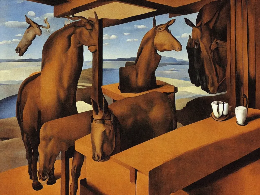 Image similar to a mule in the a rustic bar, by Salvador Dali, by Rene Magritte, award winning, amazing resolution.