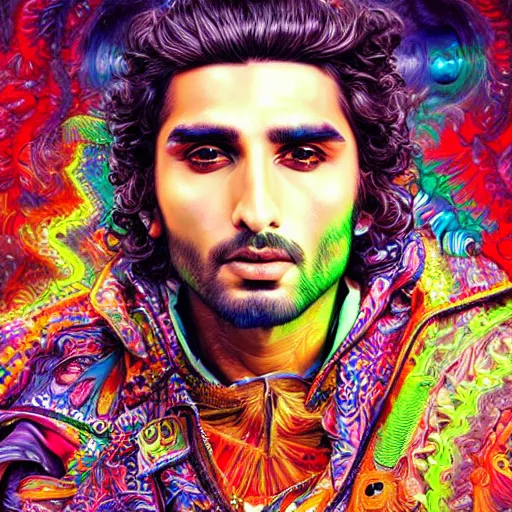 Prompt: portrait of ranveer singh, hyper detailed masterpiece, neon floral pattern, jean giraud, digital art painting, darkwave goth aesthetic, psychedelic, artgerm, donato giancola and tom bagshaw