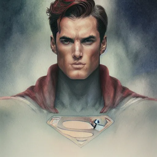 Image similar to superman character portrait, lean face, cinematic lighting, glowing grey eyes, hyper - detailed, 4 k, high resolution, in the style of charlie bowater, tom bagshaw, single face, symmetrical, headshot photograph, insanely detailed and intricate, beautiful, elegant, watercolor, cinematic, portrait, raphaelite, headroom, pierre - auguste renoir