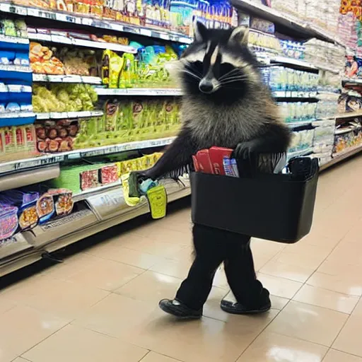 Prompt: happy raccoon pushing a grocery cart filled with medical supplies, a laptop and a face mask