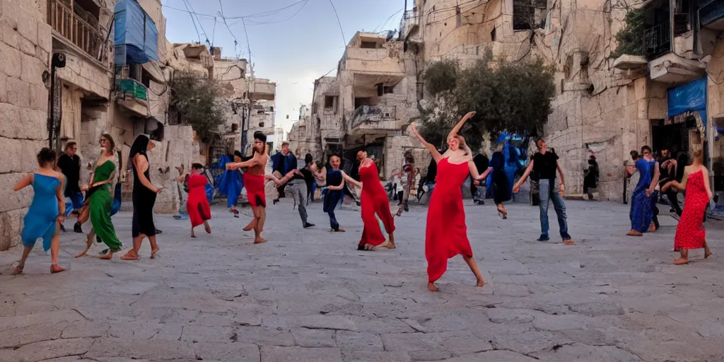 Prompt: dancing in the streets of futuristic jerusalem on shabbat. cinematic. beautiful. colorful. epic framing