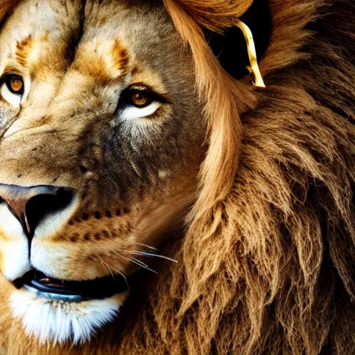 Image similar to high quality studio photography of a lion wearing ancient gold crown, solid background