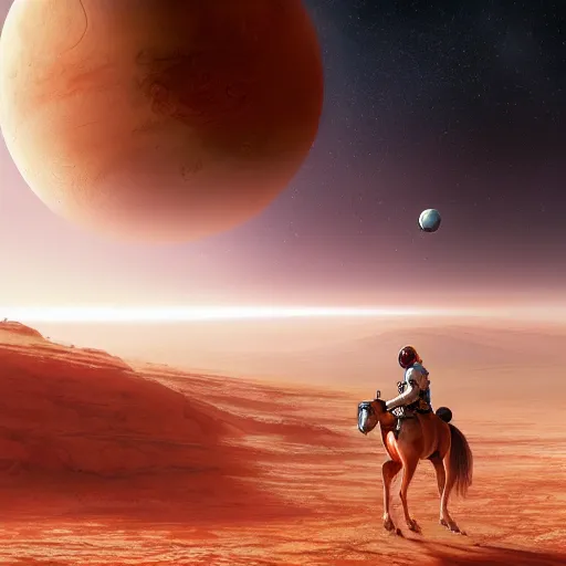 Image similar to centered portrait of the Astronaut riding a Horse in Mars, realistic character concept, high fantasy, light atmosphere, golden ratio, wide shot, cinematic lighting, hyperdetailed, high detailed, high resolution, insanely detailed and intricate, artstation, Marc Simonetti, Greg Rutkowski, octane render, unreal engine, 8k