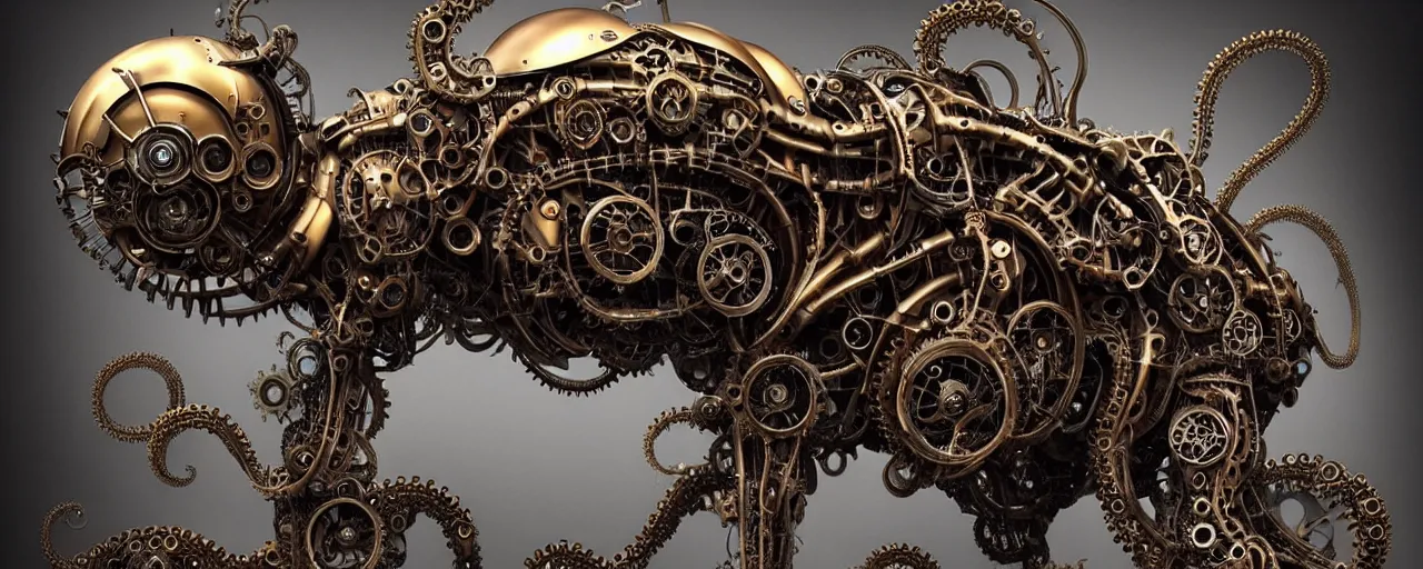 Prompt: biomechanical shiny steampunk!!! vehicle reminiscent of bugatti chiron with (glowing) lights and octopus tentacles parked in ancient mystic woods, gothic and baroque, brutalist architecture, ultradetailed, creepy ambiance, fog, artgerm, giger, Intricate by Ellen Jewett and Josan Gonzalez and Giuseppe Arcimboldo