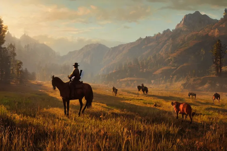 Prompt: a vast serene landscape based on red dead redemption 2, cinematic lighting, ultra realistic by michal lisowski and tom bagshaw